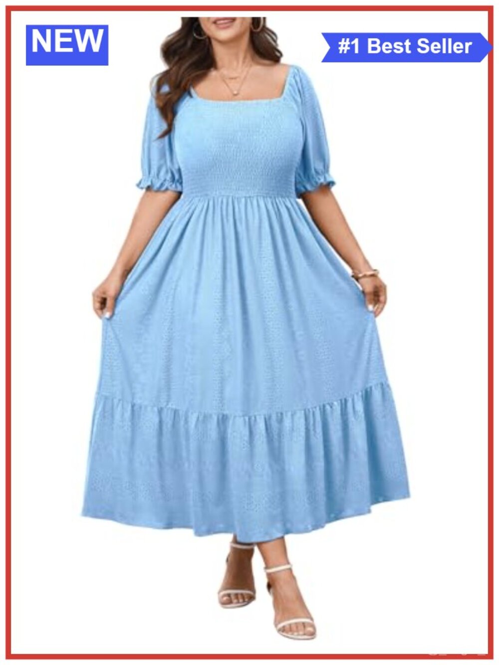 Plus Size Embroidered Maxi Dress Puff Sleeve A-Line Casual Summer